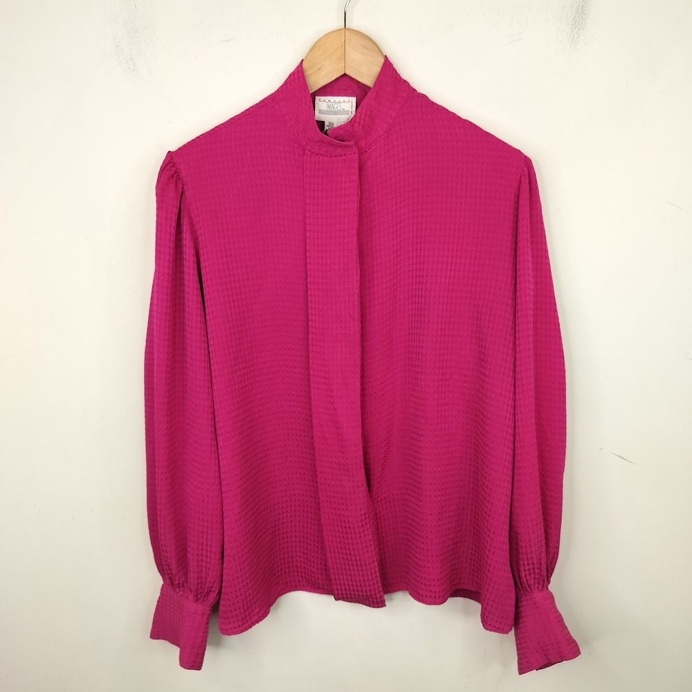 Vintage Silk Button Up Blouse 40 / Large Mock Neck Puff Sleeve  company Images